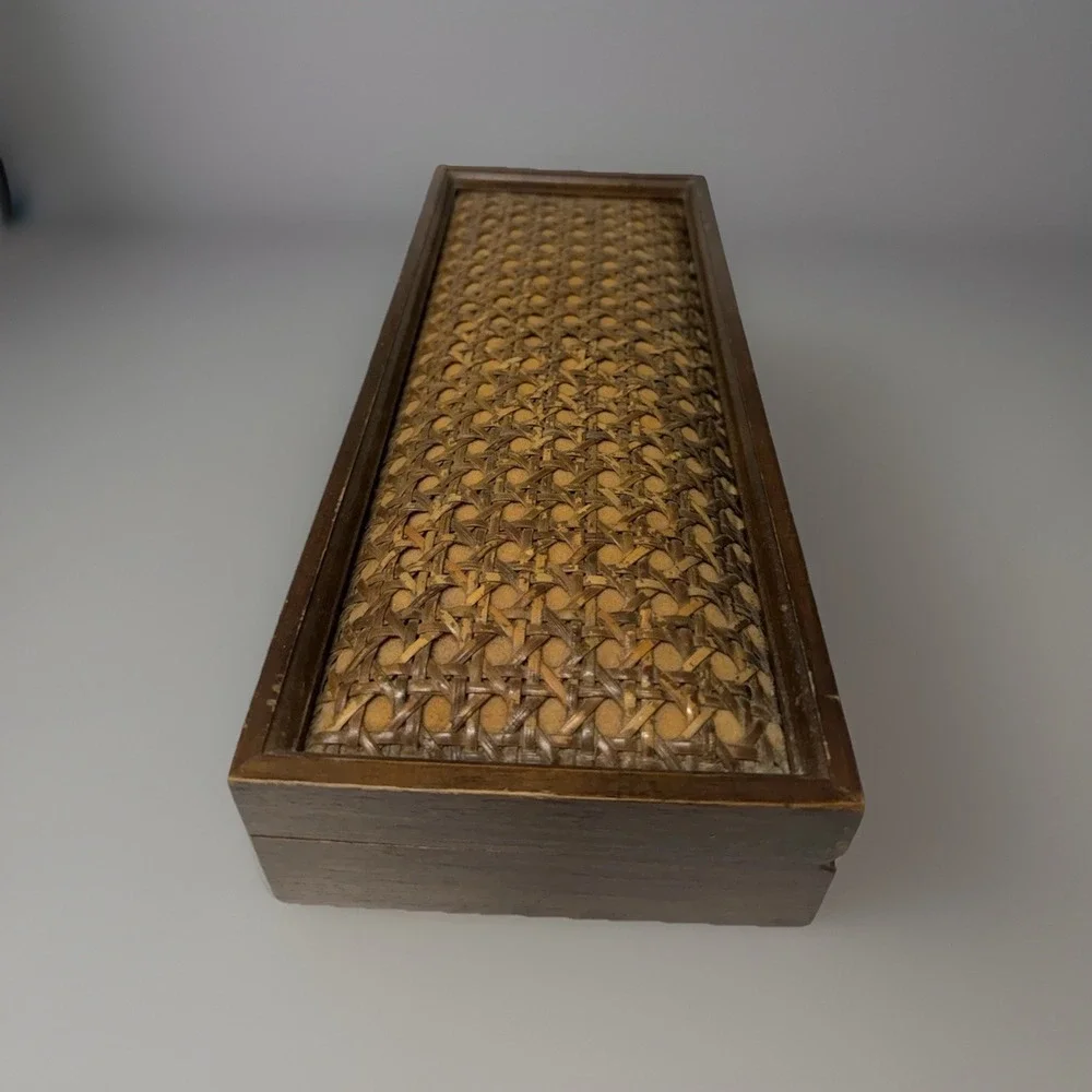 Vintage Wooden Jewelry Box With Wicker Lid